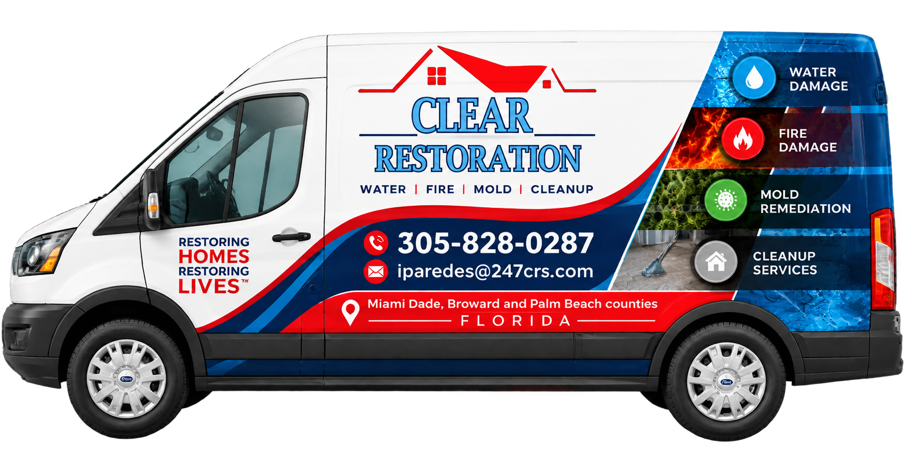 Clear Restoration service van serving Miami-Dade, Broward and Palm Beach counties