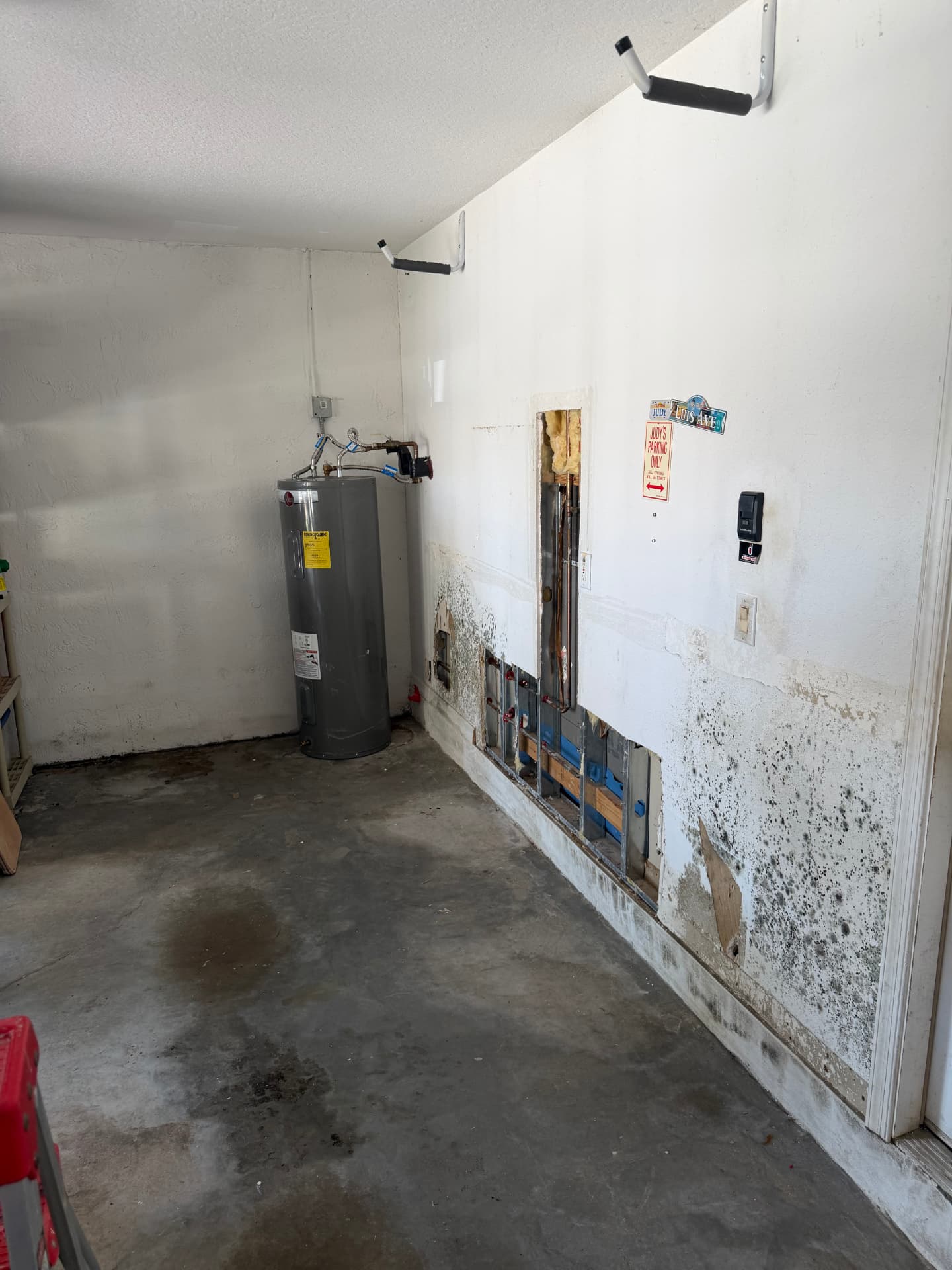 Mold damage exposed along a garage wall during remediation