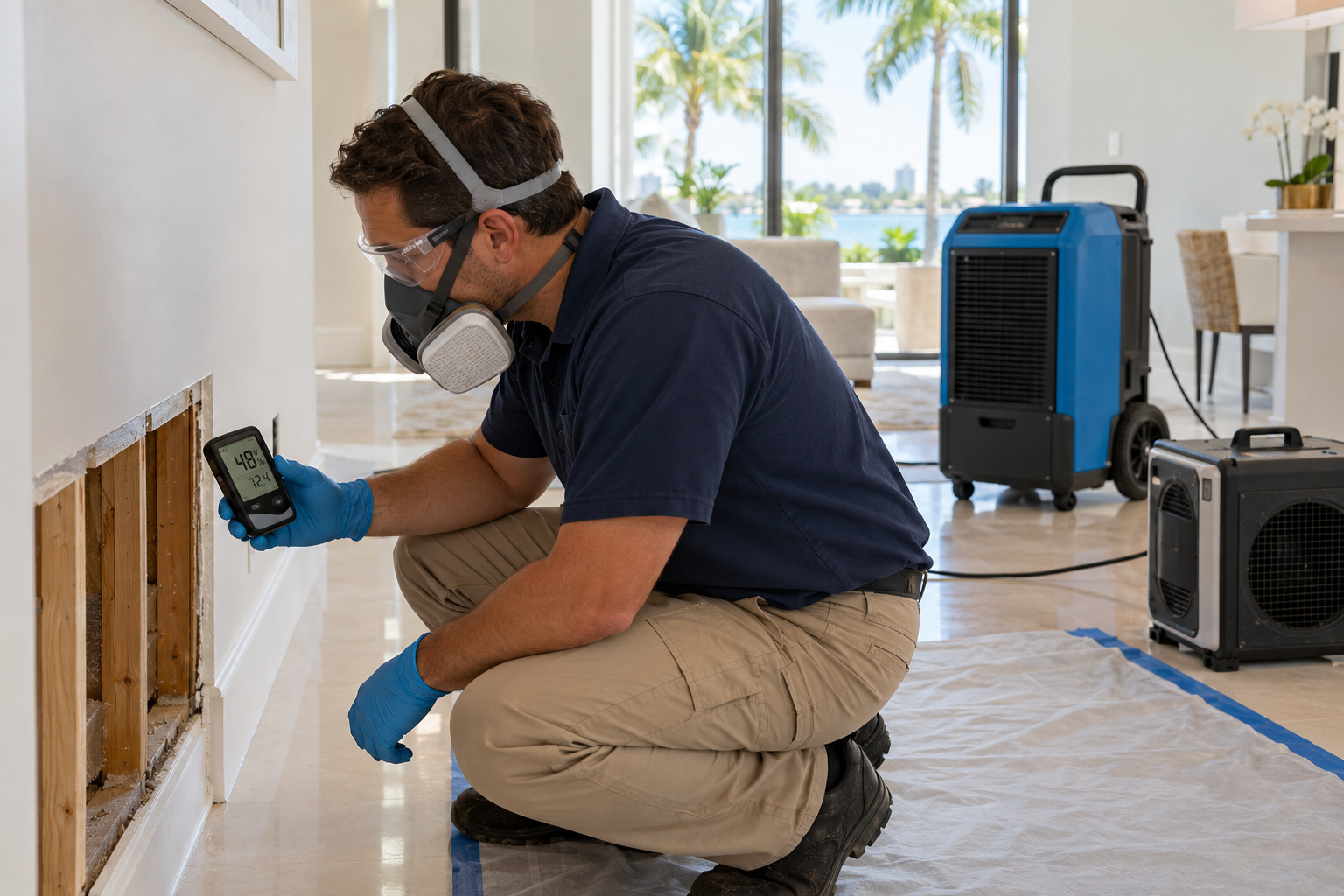 Restoration technician checking indoor humidity after mold remediation in a Miami-area home.