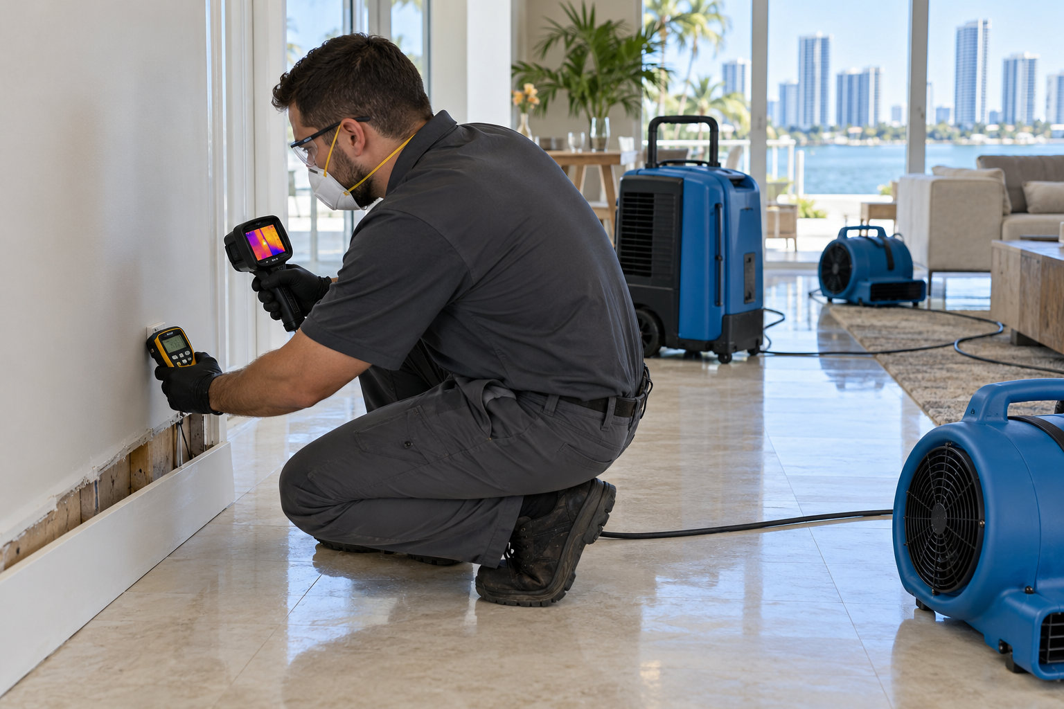 Restoration technician checking hidden moisture beside drying equipment in a Miami-area home.