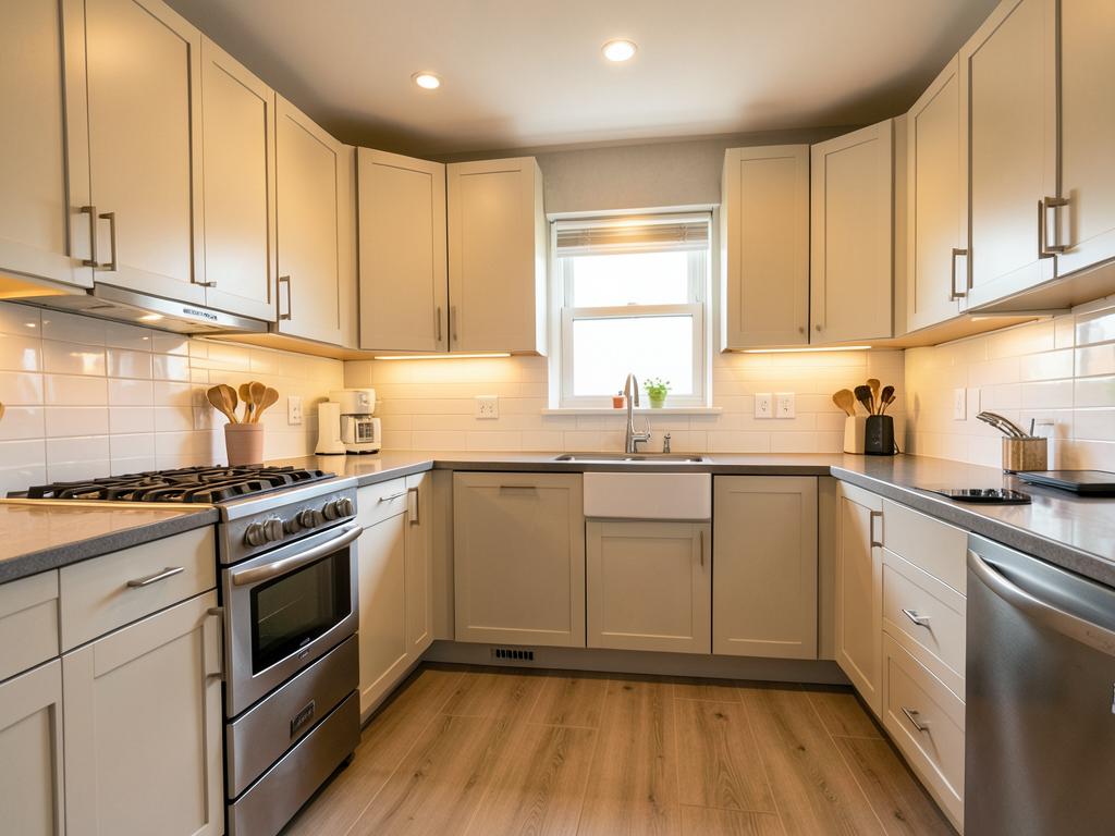 Same kitchen rebuilt with new cabinets and clean finishes