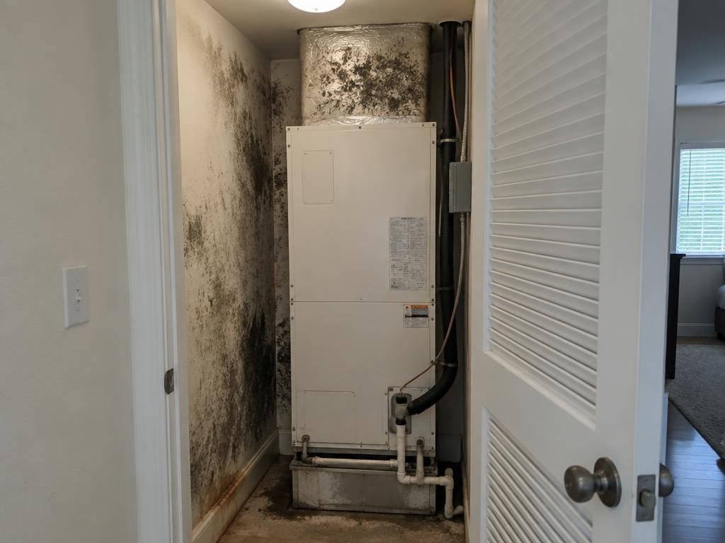 Air conditioning closet with mold on the surrounding walls