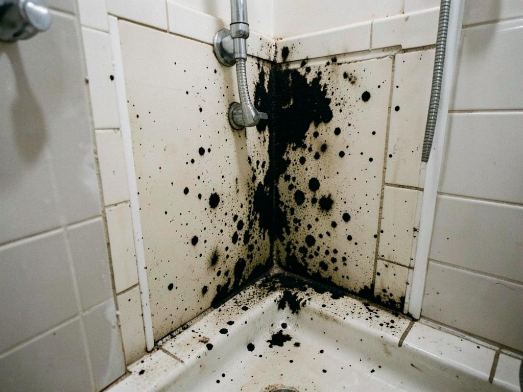 Tiled bathroom shower corner with heavy black mold growth before remediation