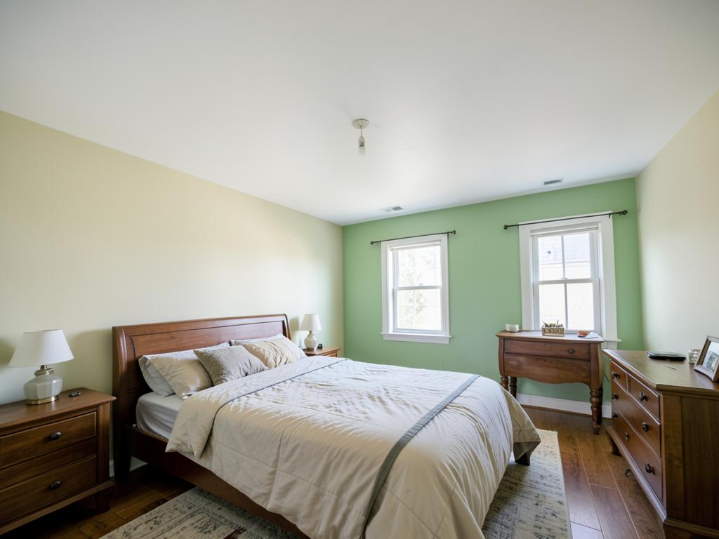 Same bedroom with a repaired white ceiling and fresh paint