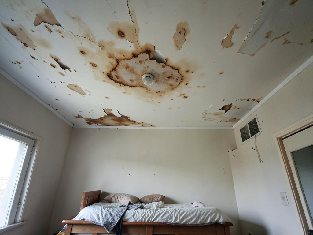 Bedroom ceiling with brown water stains and sagging drywall