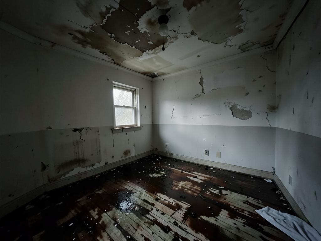 Room with water stained ceiling and warped floor before restoration