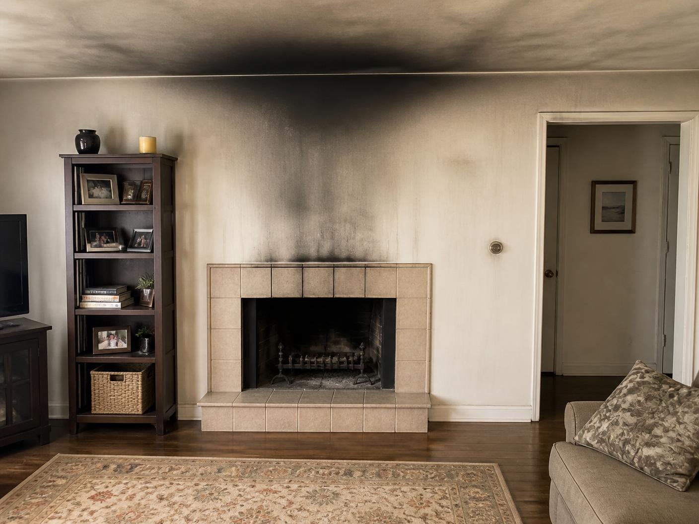 Living room with smoke and soot residue before restoration