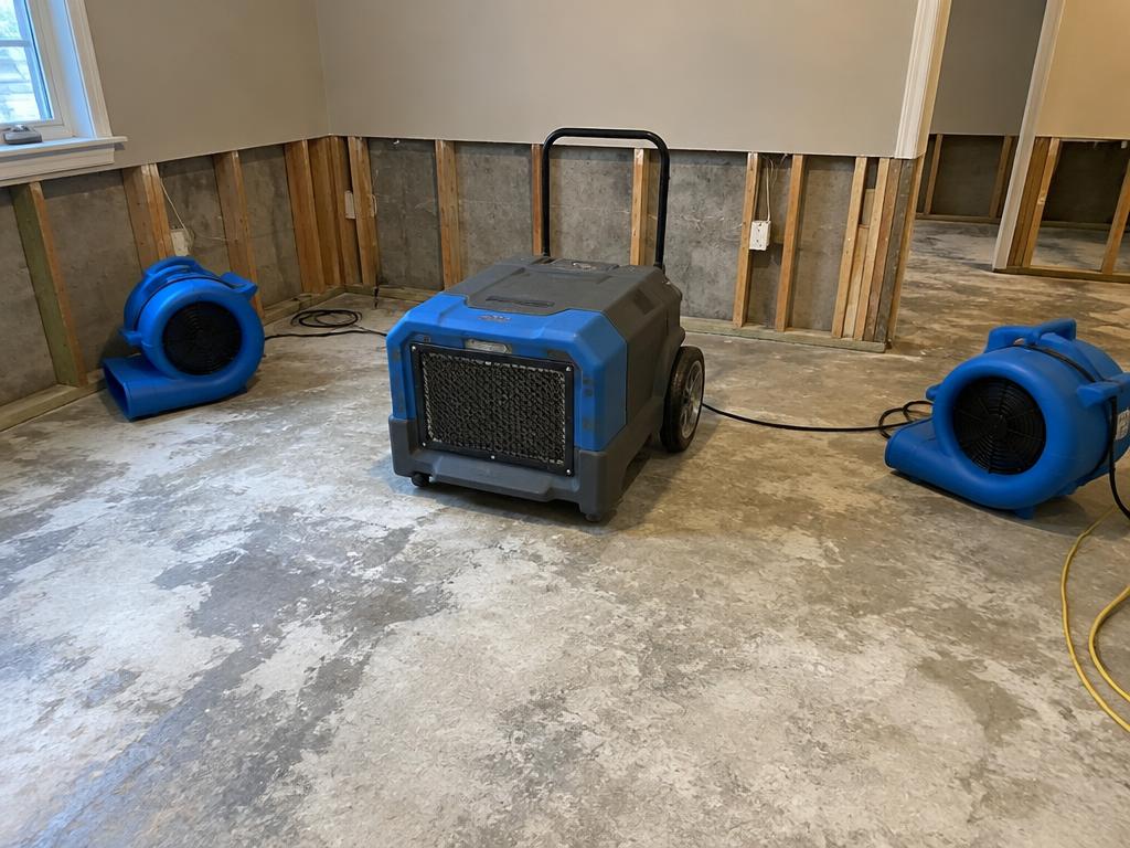 Air movers and dehumidifier drying an empty room